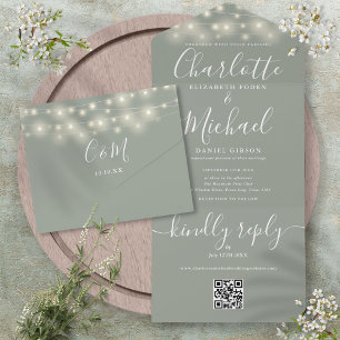 Sage Green String Lights QR Code Monogram Wedding All In One Invitation