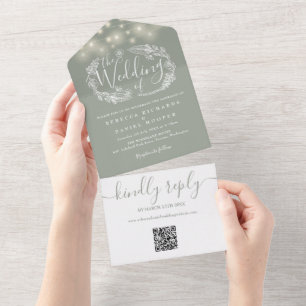 Sage Green String Lights QR Code Wedding All In One Invitation