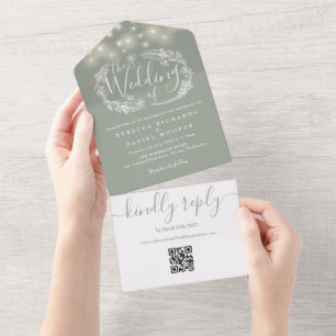 Sage Green String Lights QR Code Wedding All In One Invitation