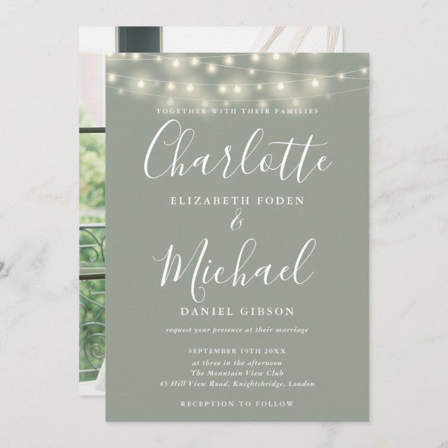 Sage Green String Lights Script Photo Wedding  Invitation (Front/Back)