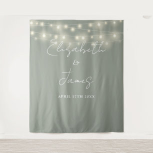 Sage Green String Lights Wedding Photo Backdrop Tapestry