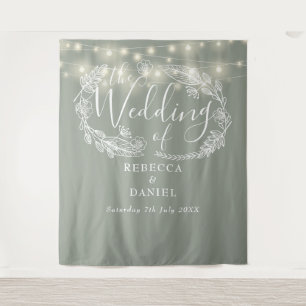 Sage Green String Lights Wedding Photo Backdrop Tapestry