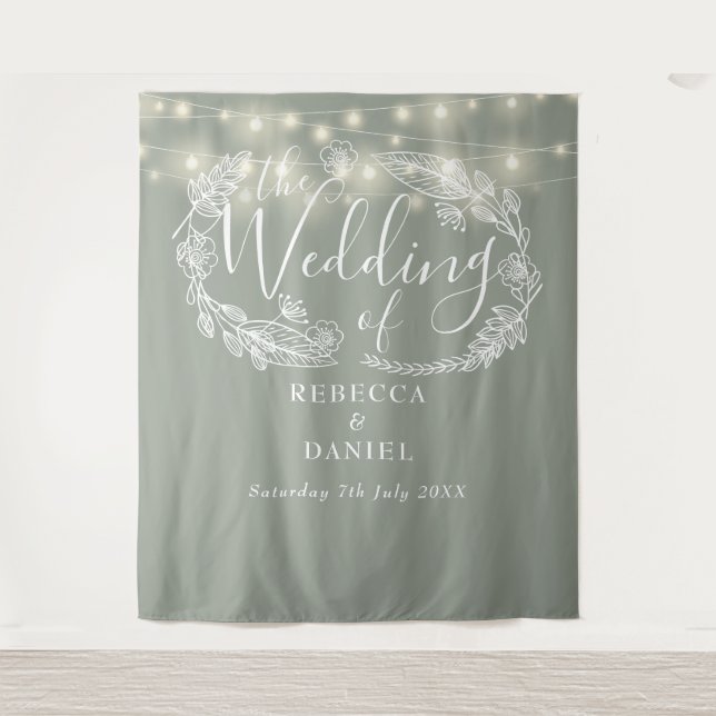Sage Green String Lights Wedding Photo Backdrop Tapestry (Front)