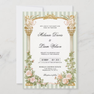 Sage Green Stripe Cherub Floral Arch Wedding Invitation