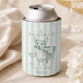 Sage Green Stripe Corgi Champagne Wedding Can Cooler