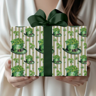 Sage Green Stripe Cute Clover Hat St. Patrick Day Wrapping Paper