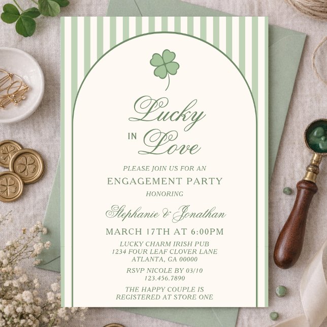 Sage Green Stripe Lucky in Love Engagement Party Invitation (Creator Uploaded)