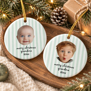 Sage Green Stripe Merry Christmas Grandma Photo Ceramic Ornament