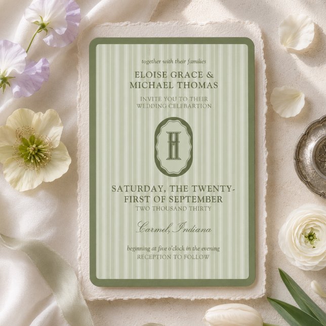 Sage Green Stripe Monogram Wedding Invitation (Sage Green Stripe Monogram Wedding Invitation)