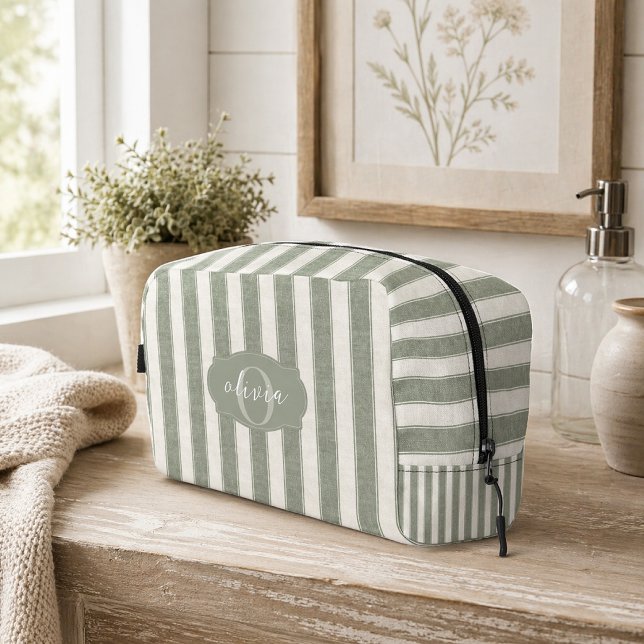Sage Green Stripe Pattern with Personalised Name Dopp Kit (Creator Uploaded)