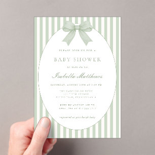 Sage Green Striped Baby Shower Invitation with Bow