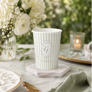 Sage Green Striped Botanical Monogram Paper Cups