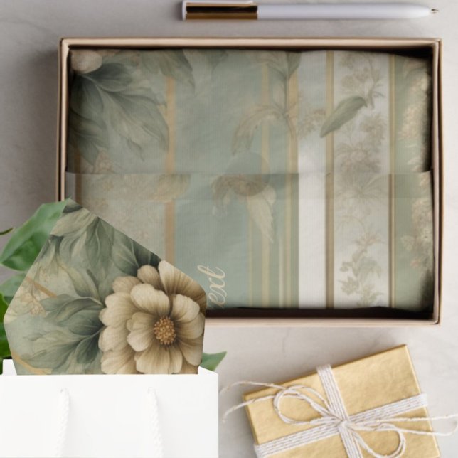 Sage green striped gold flower gift wrapping  tissue paper (Creator Uploaded)