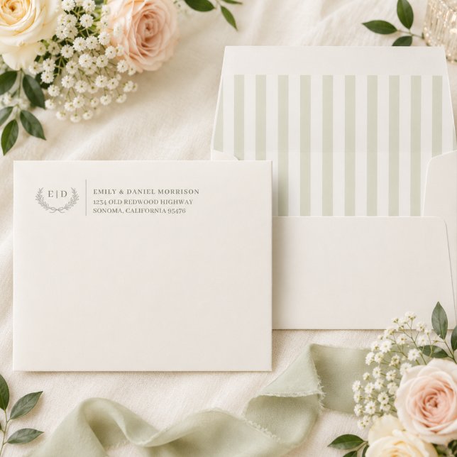 Sage Green Striped Monogram Self Addressed Envelope (Creator Uploaded)