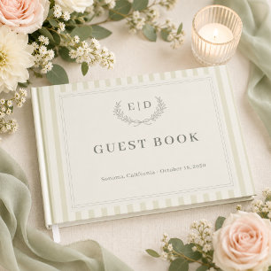 Sage Green Striped Monogram Wedding Guest Book