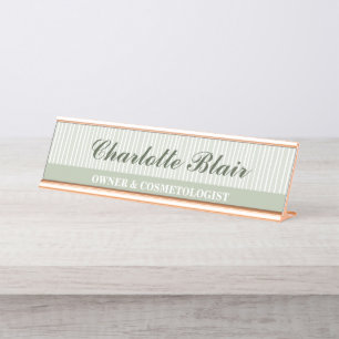 Sage Green Striped Personalised Desk Name Plate
