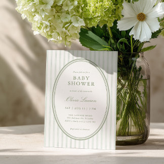 Sage Green Striped Preppy Baby Shower Invitation