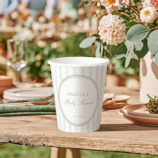 Sage Green Striped Preppy Baby Shower Paper Cups