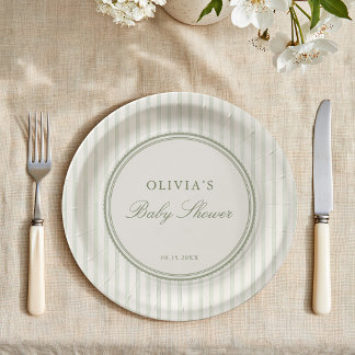Sage Green Striped Preppy Baby Shower Paper Plate