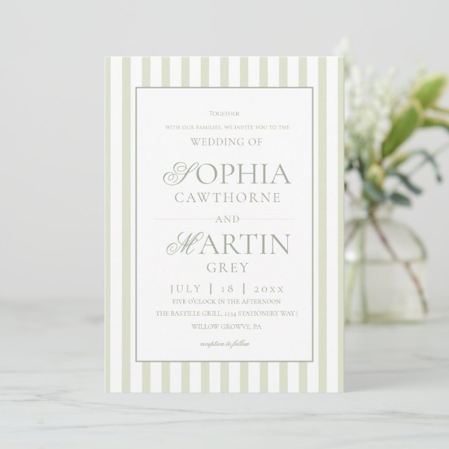 Sage Green Striped Wedding  Invitation (Standing Front)