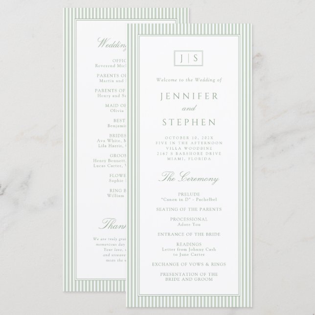 Sage Green Striped Wedding Program (Front/Back)