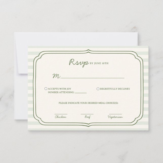 Sage Green Striped Wedding RSVP Card  (Front)