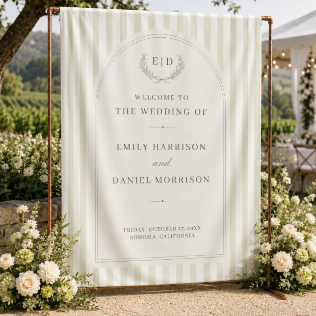 Sage Green Striped Wedding Welcome Backdrop Tapestry (Creator Uploaded)