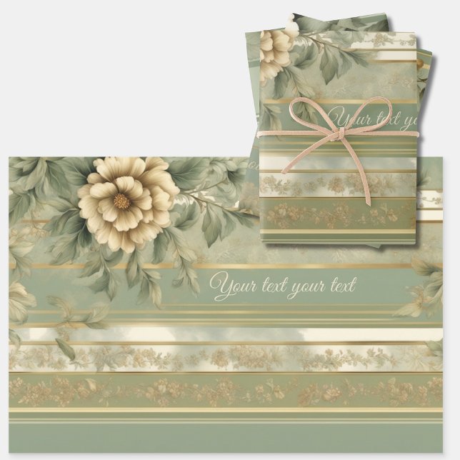 Sage green striped white gold with flower gift wrapping paper sheet (Creator Uploaded)