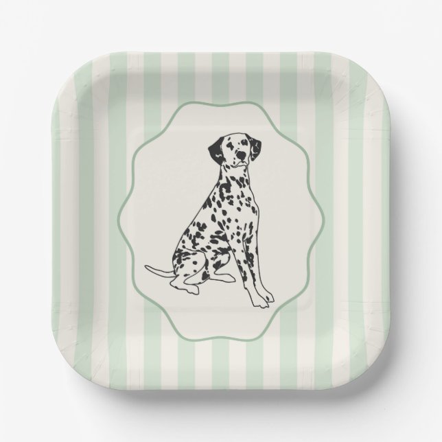 Sage Green Stripes and Black Dalmatian Dog Paper Plate (Front)