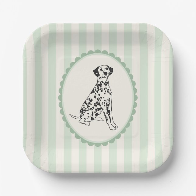 Sage Green Stripes and Black Dalmatian Paper Plate (Front)