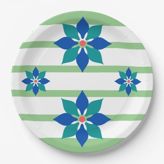 Sage Green stripes and blue flowers Paper Plate (Front)