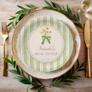 Sage green stripes bridal shower monogrammed paper plate