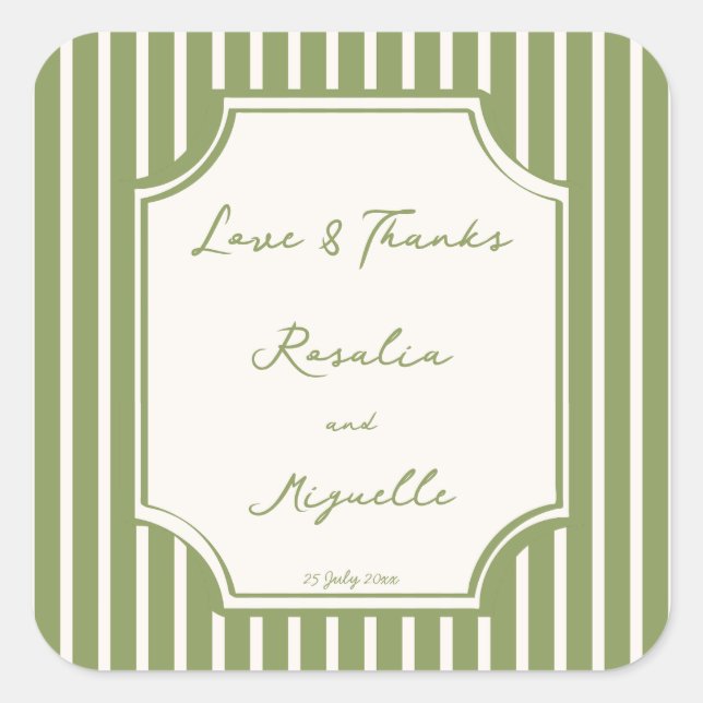 Sage green stripes hand drawn wedding custom square sticker (Front)
