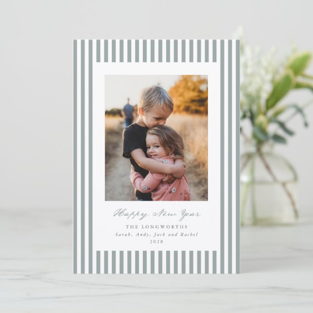 Sage Green Stripes Happy New Year Flat Photo Holiday Card (Standing Front)