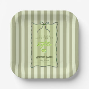 Sage Green Stripes Love So Matcha Baby Shower Paper Plate