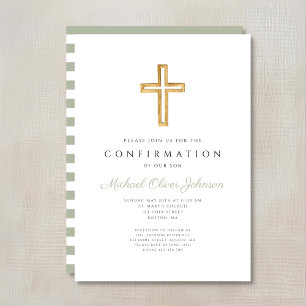 Sage Green Stripes Religious Boy Confirmation Invitation