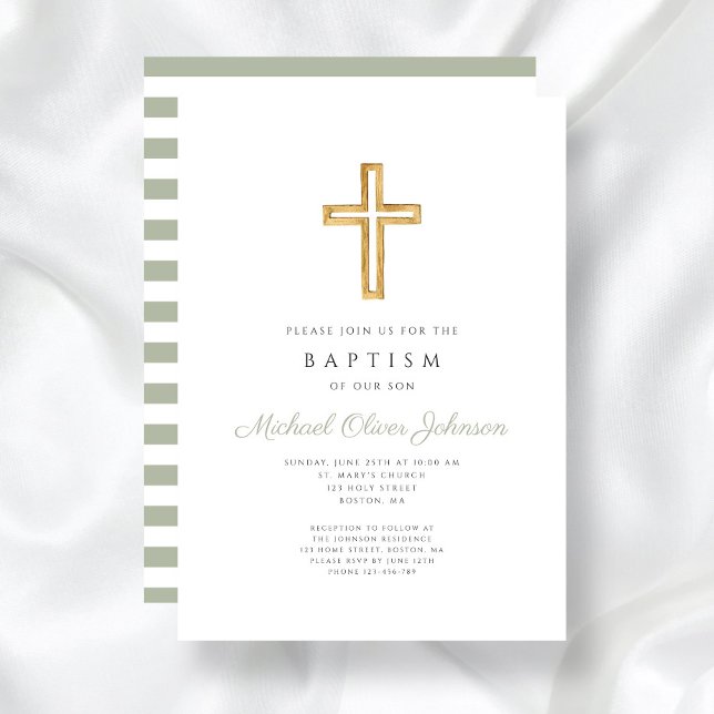 Sage Green Stripes Religious Cross Baptism  Invitation (Sage Green Stripes Religious Wood Cross Baptism Invitation)