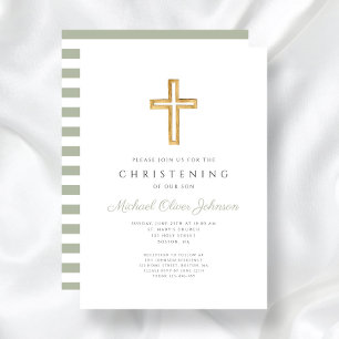 Sage Green Stripes Religious Cross Christening Invitation