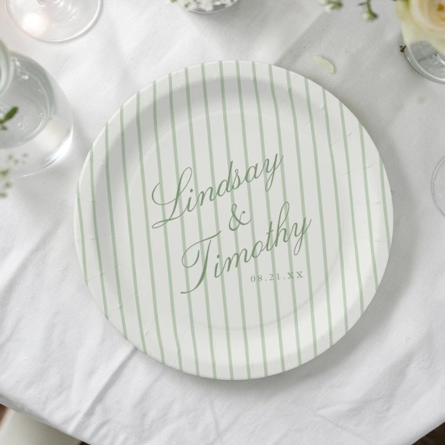 Sage Green Stripes Retro Wedding Paper Plate (Creator Uploaded)