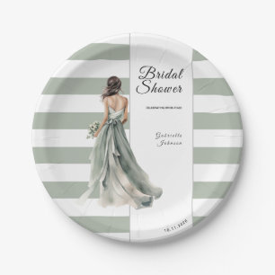 Sage Green Stripes Watercolor Bride Bridal Shower Paper Plate