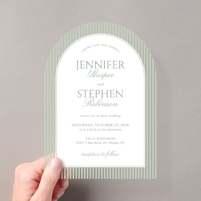 Sage Green Stripes Wedding Acrylic Invitations (Insitu (Handheld))