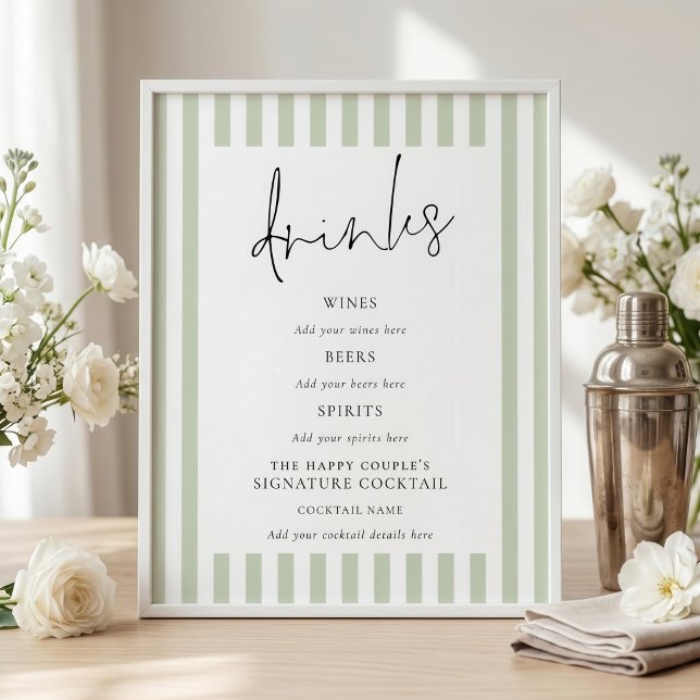 Sage Green Stripes Wedding Drinks Bar Sign (Creator Uploaded)