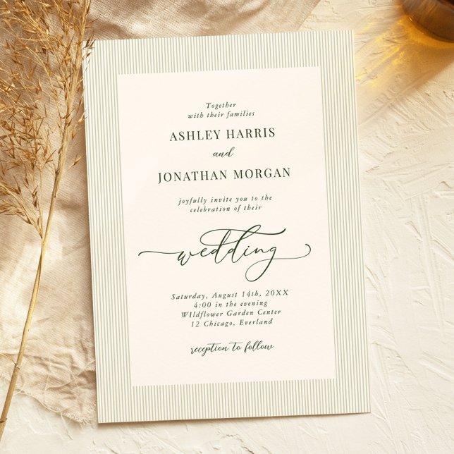 Sage Green Stripes Wedding Invitation (Creator Uploaded)