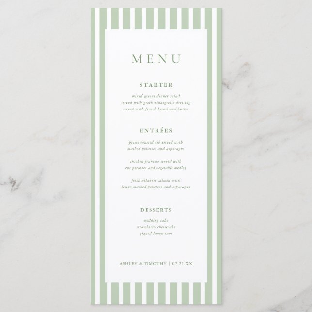 Sage Green Stripes Wedding Table Menu Cards (Front)