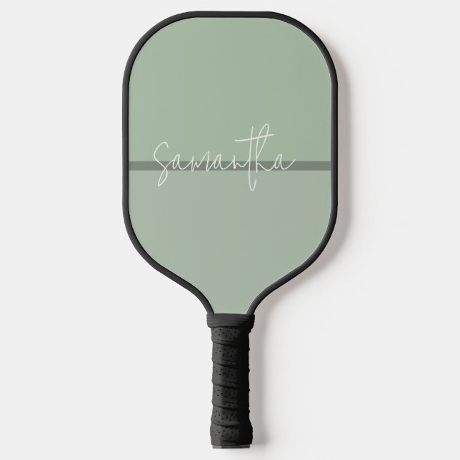 Sage-green stripes white monogram pickleball paddle (Front)