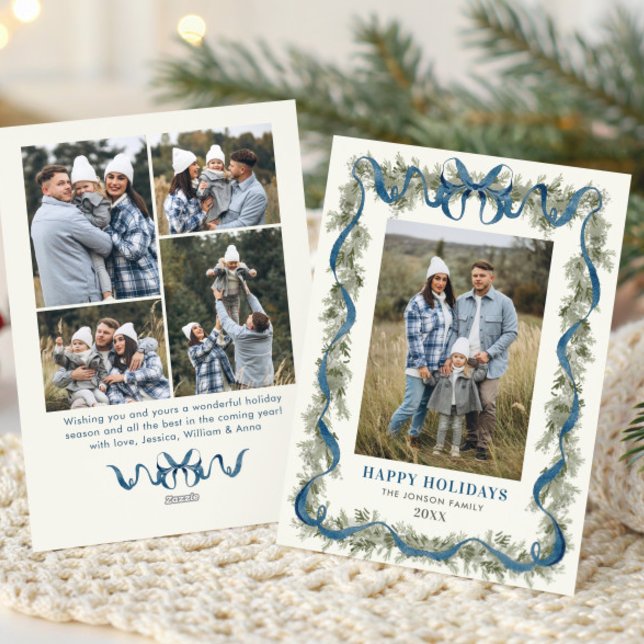 Sage Green Stripped Blue Bow Christmas 5 Photo Holiday Card (Creator Uploaded)