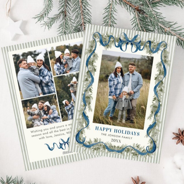 Sage Green Stripped Blue Bow Christmas 5 Photo Holiday Card (Creator Uploaded)