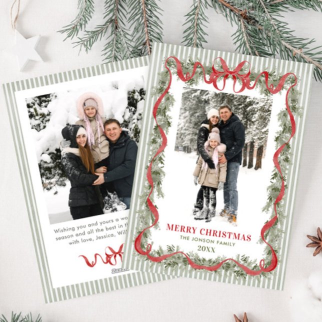 Sage Green Stripped Red Bow Christmas 2 Photo Holiday Card (Creator Uploaded)