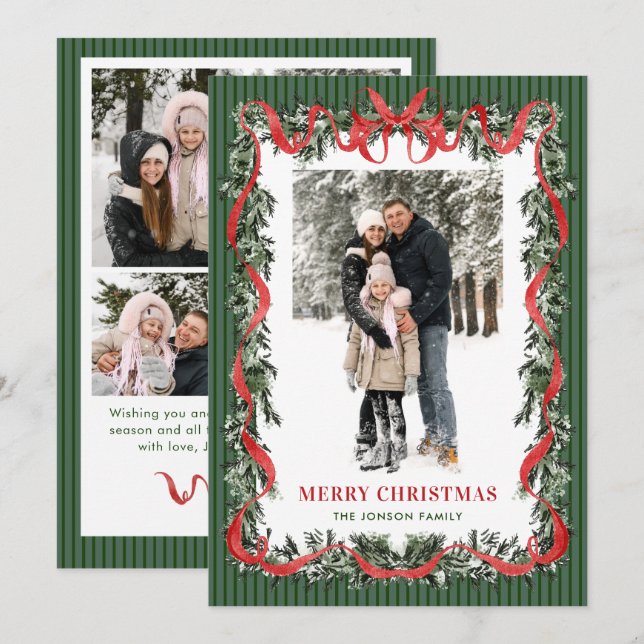 Sage Green Stripped Red Bow Christmas 5 Photo Holi Holiday Card (Front/Back)