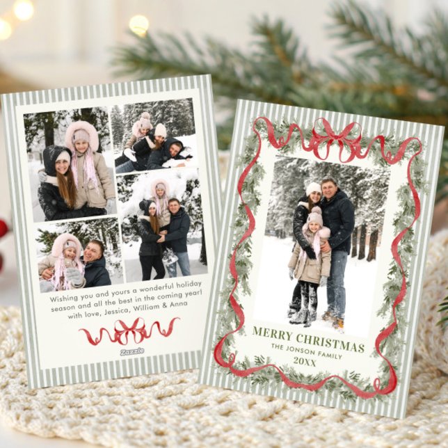 Sage Green Stripped Red Bow Christmas 5 Photo Holiday Card (Creator Uploaded)